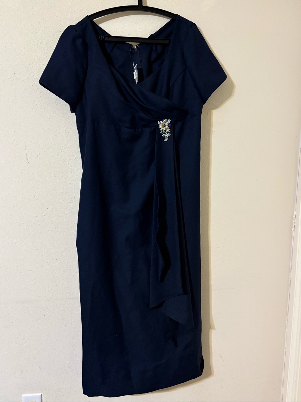 Alfred Angelo Navy Midi Sheath Dress with Jeweled Accent